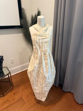 Beige & White Geometric Midi Halter Dress